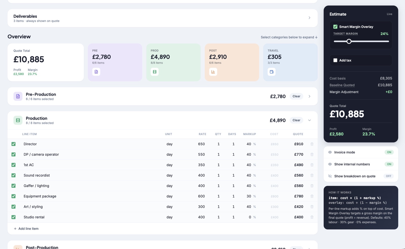 RateBasePro — project builder with the live estimate panel